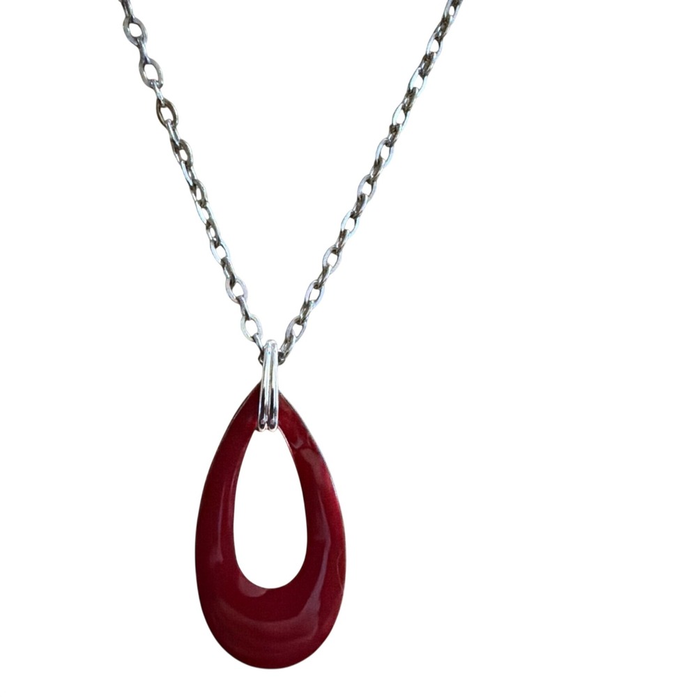 Red Enamel Teardrop Pendant Necklace Silver Tone Open Frame Minimalist